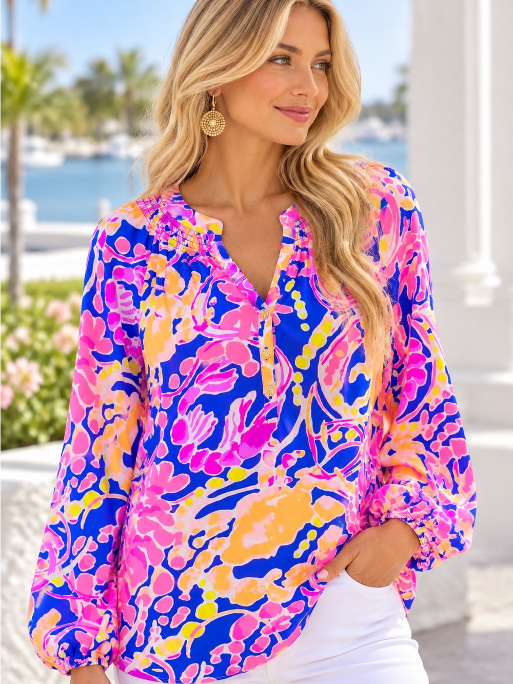 Lilly Pulitzer 100% Silk Tunic Blouse Pink Blue Orange Abstract Size Medium